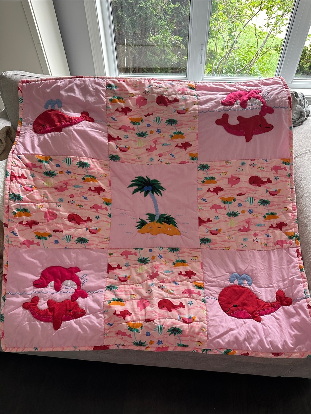 Handmade Pink Whale & Palm Tree Patchwork Baby Quilt from Hawaii 41” x 41”